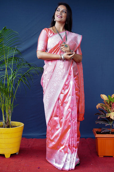 Monjolika Fashion Baby Pink Woven Banarasi Silk Blend Saree With Blouse