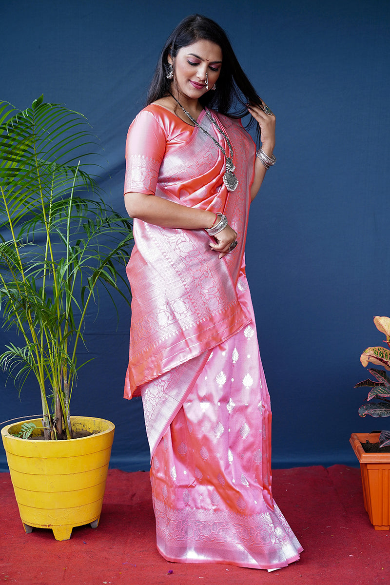 Monjolika Fashion Baby Pink Woven Banarasi Silk Blend Saree With Blouse | Grocsy