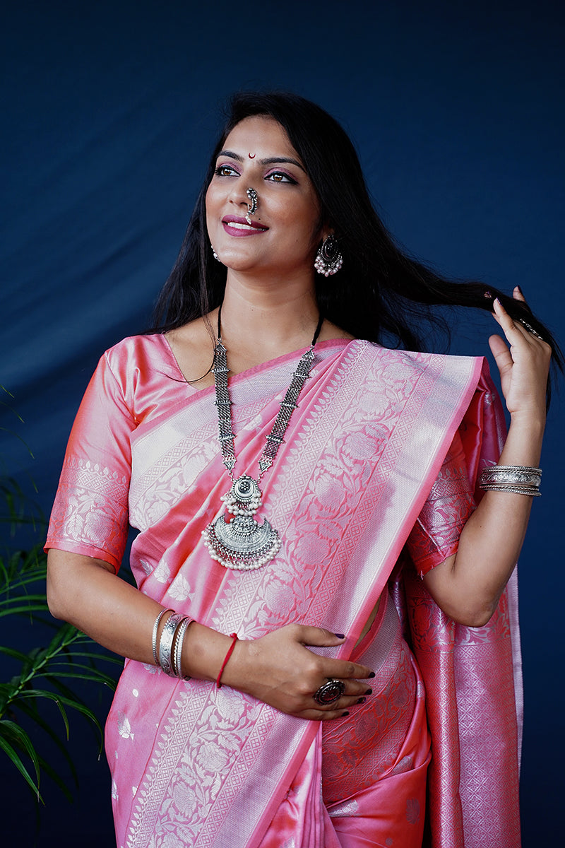 Monjolika Fashion Baby Pink Woven Banarasi Silk Blend Saree With Blouse | Grocsy