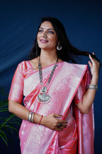 Monjolika Fashion Baby Pink Woven Banarasi Silk Blend Saree With Blouse | Grocsy