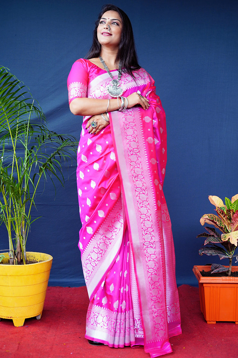 Monjolika Fashion Rani Pink Woven Banarasi Silk Blend Saree With Blouse | Grocsy