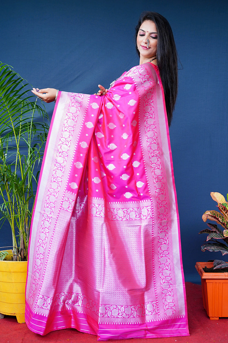 Monjolika Fashion Rani Pink Woven Banarasi Silk Blend Saree With Blouse | Grocsy