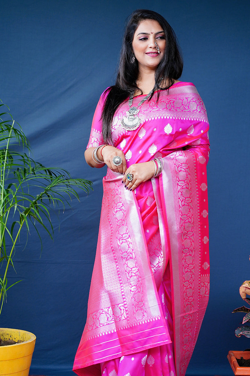 Monjolika Fashion Rani Pink Woven Banarasi Silk Blend Saree With Blouse | Grocsy
