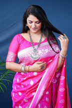 Monjolika Fashion Rani Pink Woven Banarasi Silk Blend Saree With Blouse | Grocsy