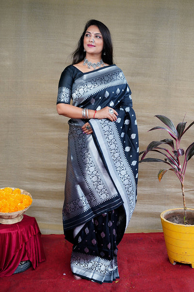 Monjolika Fashion Black Woven Banarasi Silk Blend Saree With Blouse
