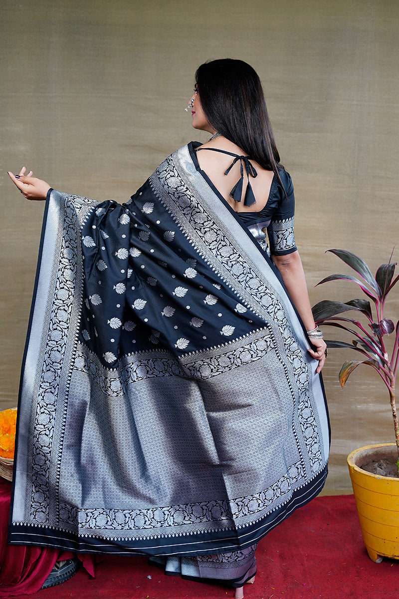 Monjolika Fashion Black Woven Banarasi Silk Blend Saree With Blouse | Grocsy