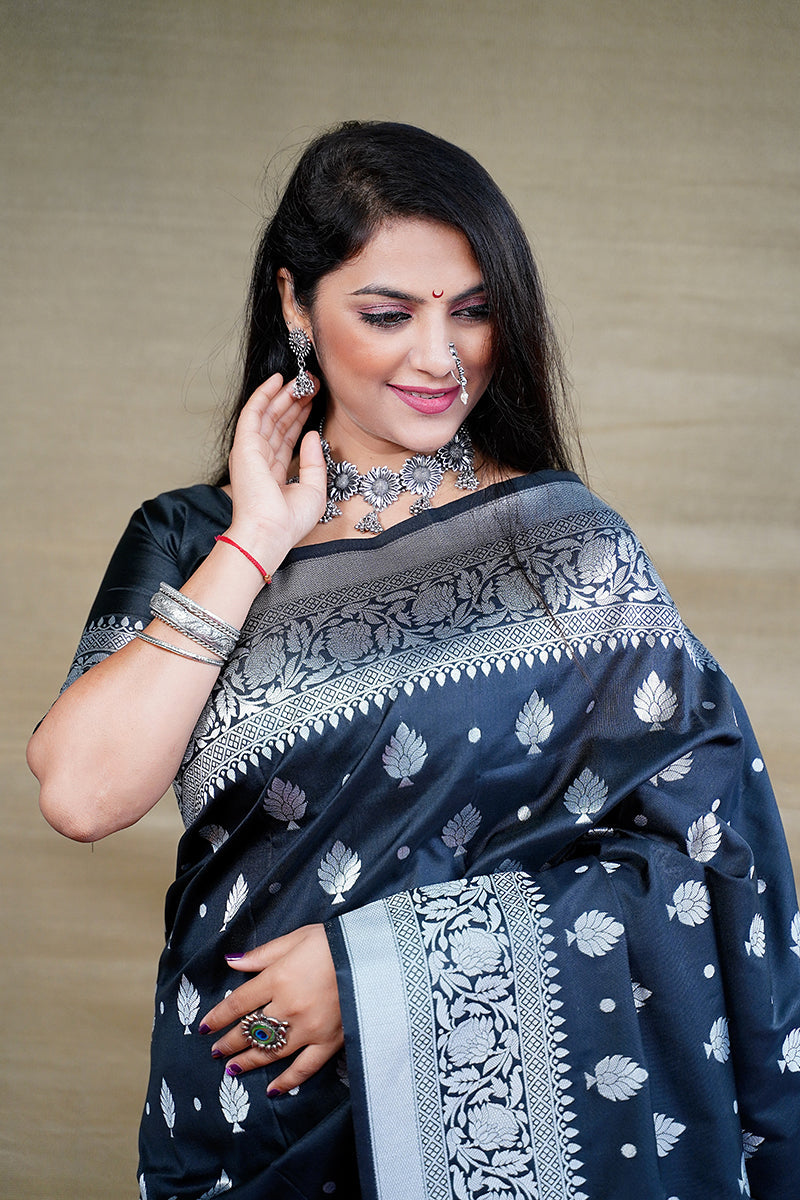 Monjolika Fashion Black Woven Banarasi Silk Blend Saree With Blouse | Grocsy