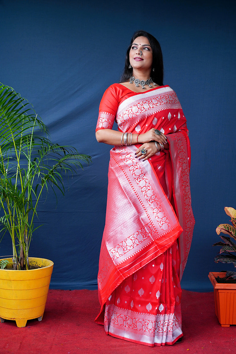 Monjolika Fashion Red Woven Banarasi Silk Blend Saree With Blouse | Grocsy