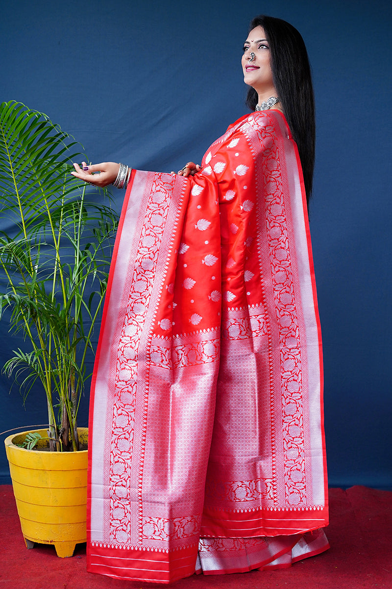 Monjolika Fashion Red Woven Banarasi Silk Blend Saree With Blouse | Grocsy