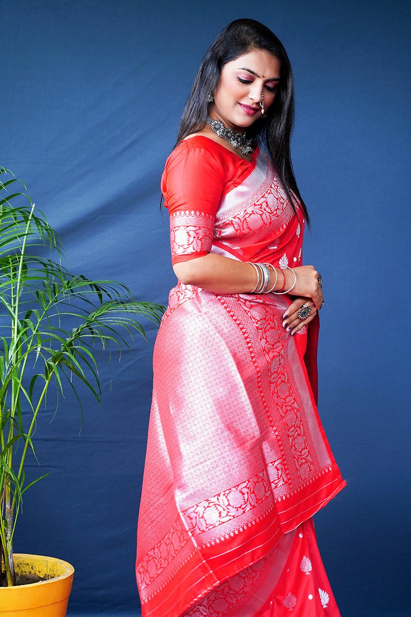Monjolika Fashion Red Woven Banarasi Silk Blend Saree With Blouse | Grocsy