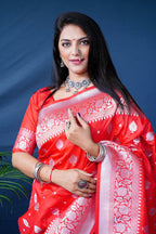 Monjolika Fashion Red Woven Banarasi Silk Blend Saree With Blouse | Grocsy