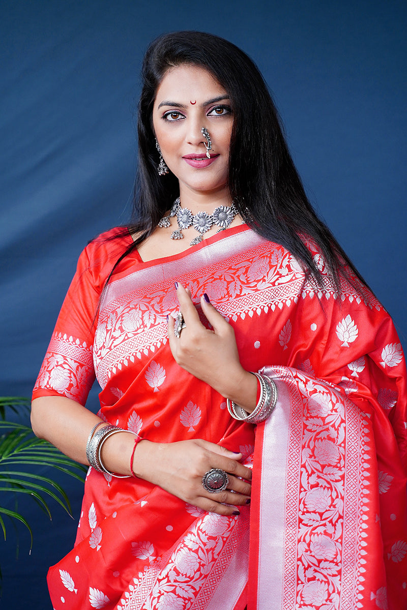 Monjolika Fashion Red Woven Banarasi Silk Blend Saree With Blouse | Grocsy