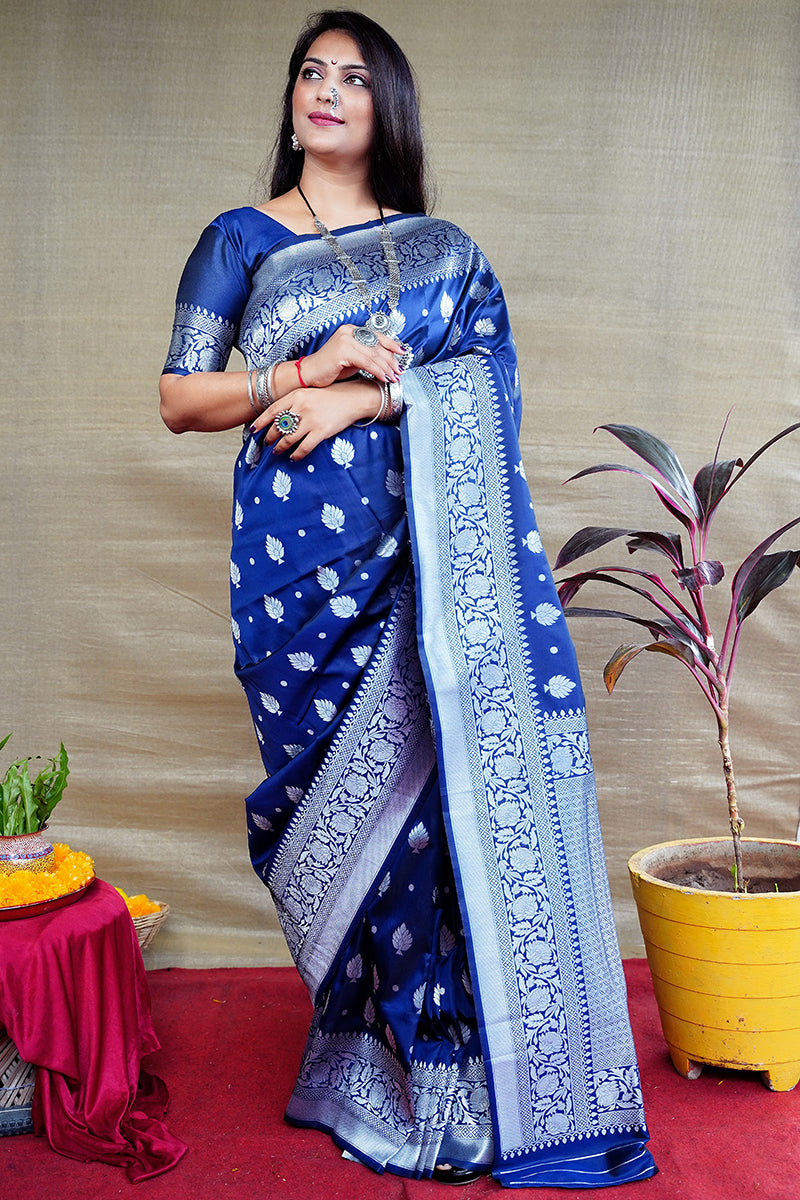 Monjolika Fashion Navy Blue Woven Banarasi Silk Blend Saree With Blouse | Grocsy