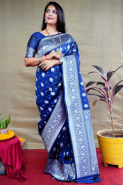 Monjolika Fashion Navy Blue Woven Banarasi Silk Blend Saree With Blouse
