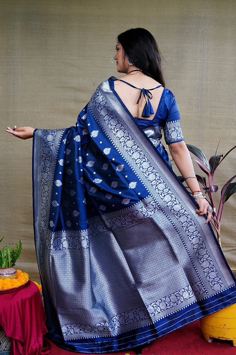 Monjolika Fashion Navy Blue Woven Banarasi Silk Blend Saree With Blouse | Grocsy