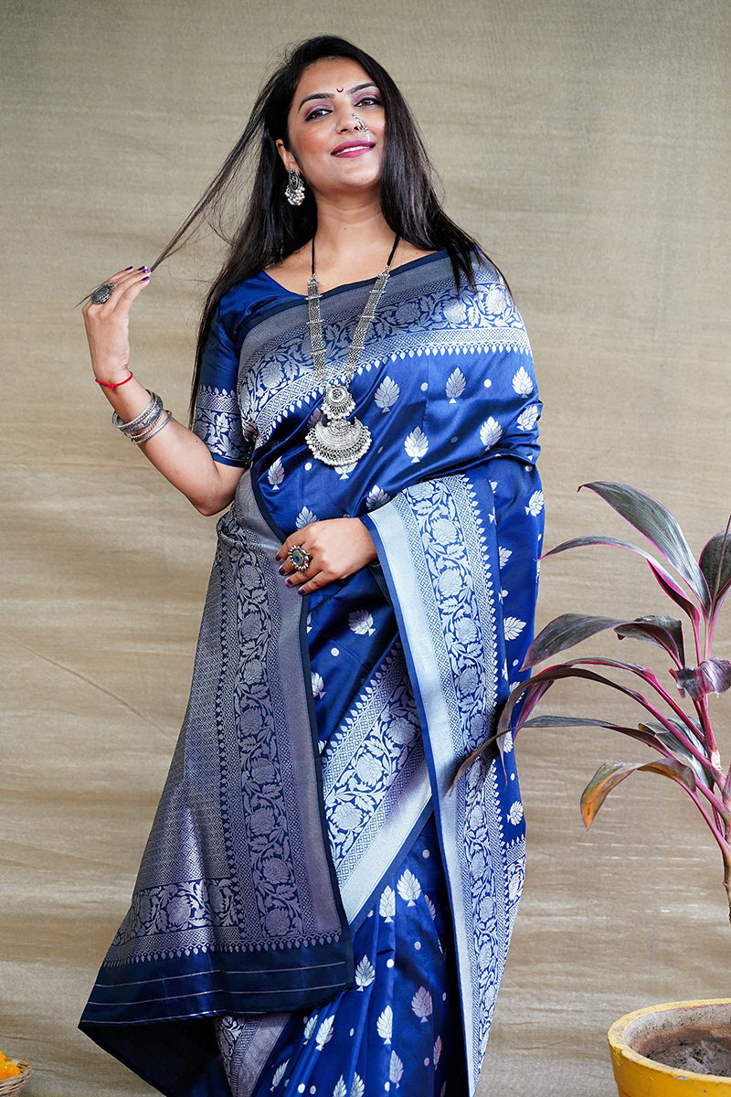 Monjolika Fashion Navy Blue Woven Banarasi Silk Blend Saree With Blouse | Grocsy