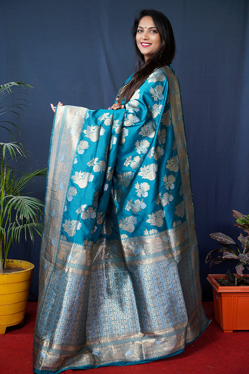 Monjolika Fashion Teal Blue Woven Banarasi Silk Blend Saree With Blouse | Grocsy