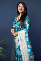 Monjolika Fashion Teal Blue Woven Banarasi Silk Blend Saree With Blouse | Grocsy