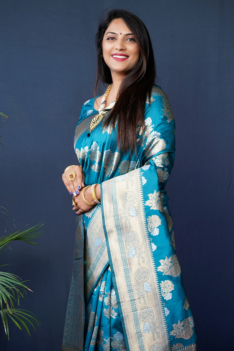Monjolika Fashion Teal Blue Woven Banarasi Silk Blend Saree With Blouse | Grocsy