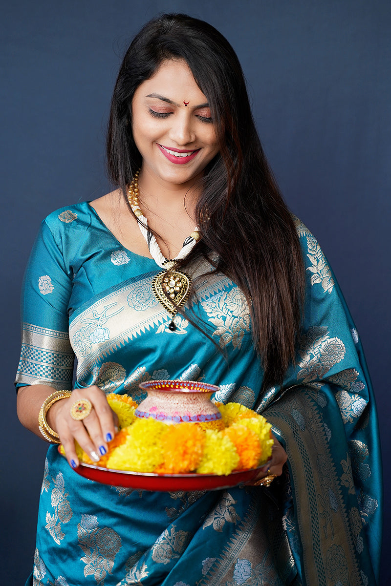 Monjolika Fashion Teal Blue Woven Banarasi Silk Blend Saree With Blouse | Grocsy