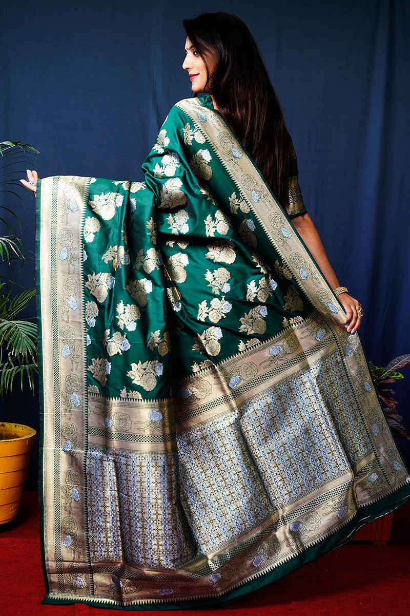 Monjolika Fashion Dark Green Woven Banarasi Silk Blend Saree With Blouse | Grocsy