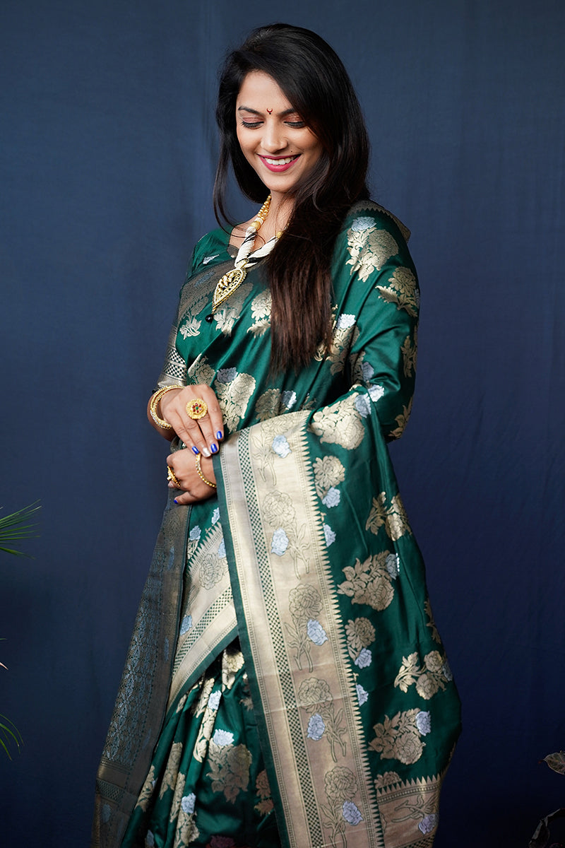 Monjolika Fashion Dark Green Woven Banarasi Silk Blend Saree With Blouse | Grocsy
