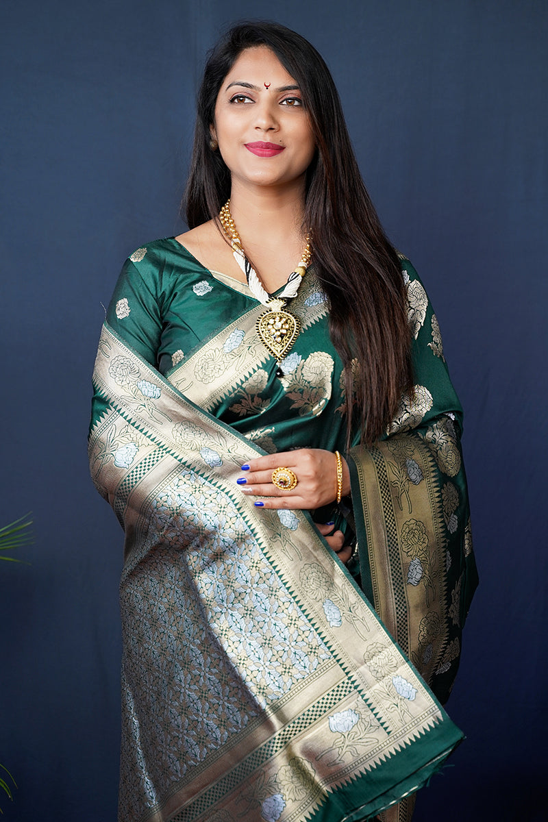 Monjolika Fashion Dark Green Woven Banarasi Silk Blend Saree With Blouse | Grocsy