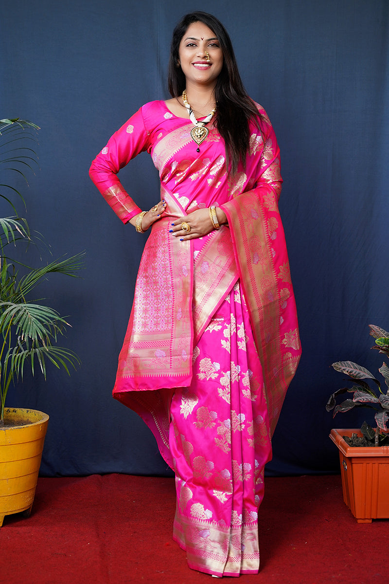 Monjolika Fashion Rani Pink Woven Banarasi Silk Blend Saree With Blouse | Grocsy