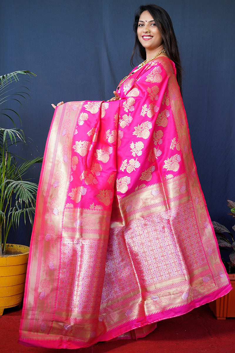 Monjolika Fashion Rani Pink Woven Banarasi Silk Blend Saree With Blouse | Grocsy