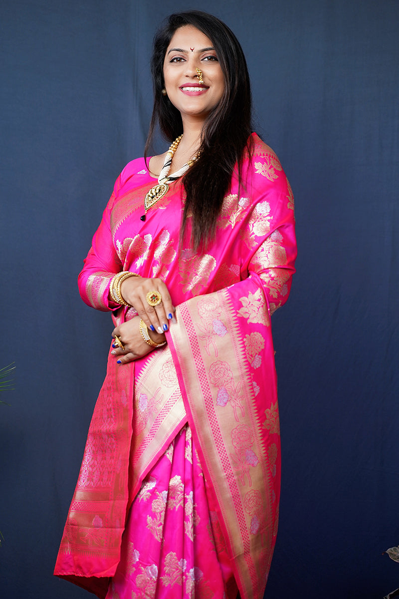 Monjolika Fashion Rani Pink Woven Banarasi Silk Blend Saree With Blouse | Grocsy