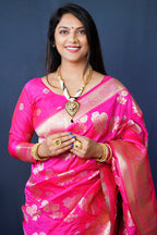 Monjolika Fashion Rani Pink Woven Banarasi Silk Blend Saree With Blouse | Grocsy