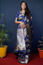 Monjolika Fashion Navy Blue Woven Banarasi Silk Blend Saree With Blouse | Grocsy
