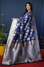 Monjolika Fashion Navy Blue Woven Banarasi Silk Blend Saree With Blouse | Grocsy