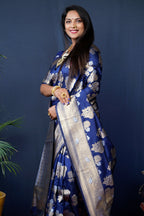 Monjolika Fashion Navy Blue Woven Banarasi Silk Blend Saree With Blouse | Grocsy