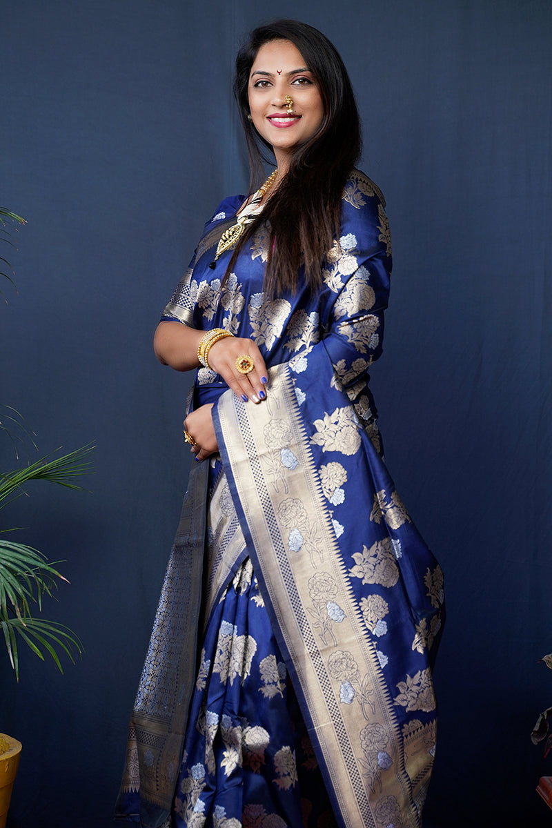 Monjolika Fashion Navy Blue Woven Banarasi Silk Blend Saree With Blouse | Grocsy
