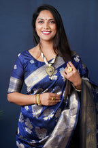 Monjolika Fashion Navy Blue Woven Banarasi Silk Blend Saree With Blouse | Grocsy