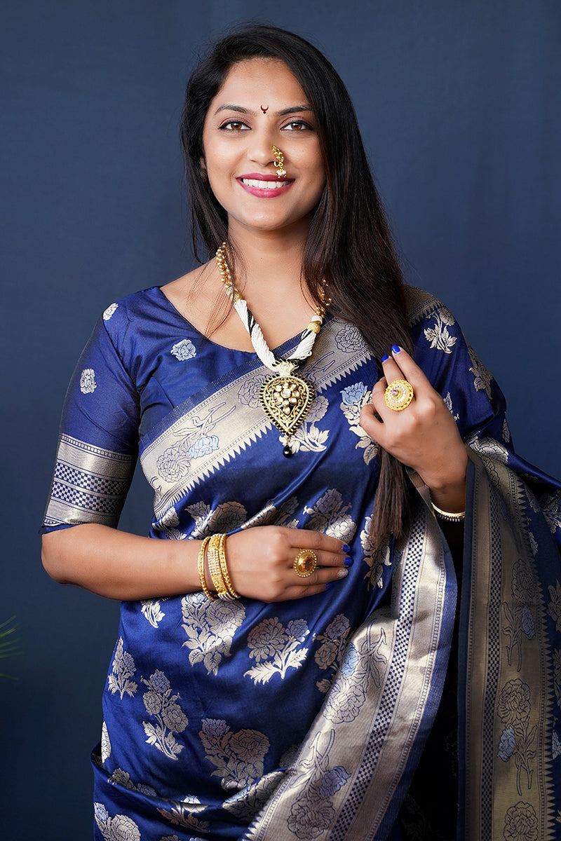 Monjolika Fashion Navy Blue Woven Banarasi Silk Blend Saree With Blouse | Grocsy