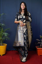 Monjolika Fashion Black Woven Banarasi Silk Blend Saree With Blouse | Grocsy