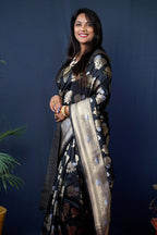 Monjolika Fashion Black Woven Banarasi Silk Blend Saree With Blouse | Grocsy