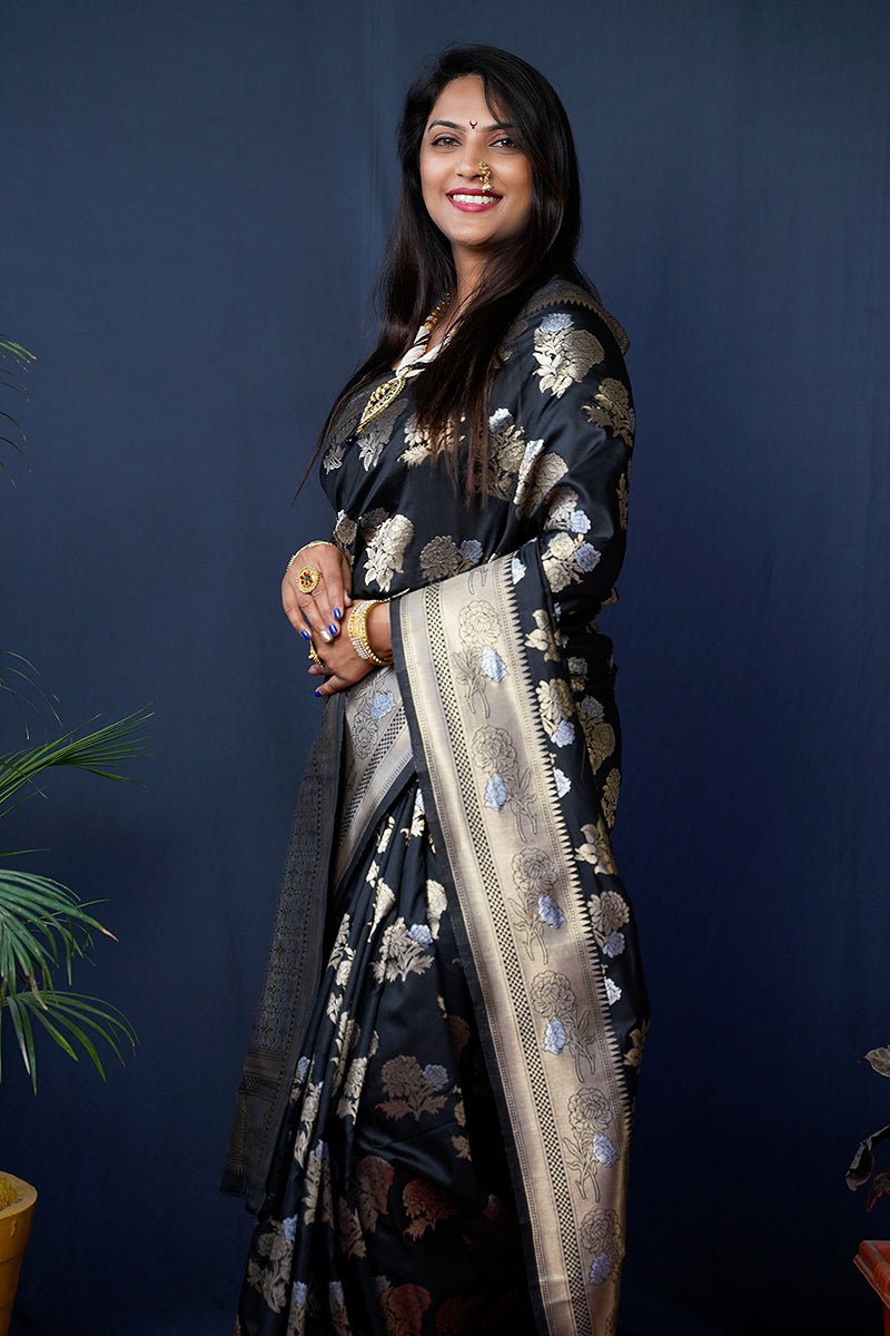 Monjolika Fashion Black Woven Banarasi Silk Blend Saree With Blouse | Grocsy