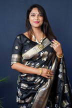 Monjolika Fashion Black Woven Banarasi Silk Blend Saree With Blouse | Grocsy