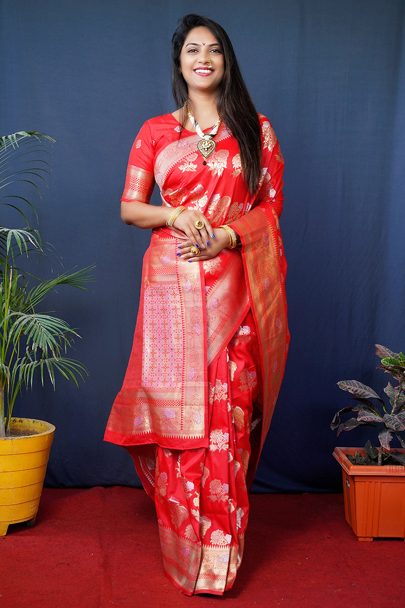 Monjolika Fashion Red Woven Banarasi Silk Blend Saree With Blouse | Grocsy