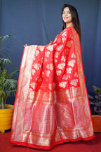 Monjolika Fashion Red Woven Banarasi Silk Blend Saree With Blouse | Grocsy