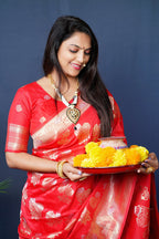 Monjolika Fashion Red Woven Banarasi Silk Blend Saree With Blouse | Grocsy