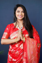 Monjolika Fashion Red Woven Banarasi Silk Blend Saree With Blouse | Grocsy