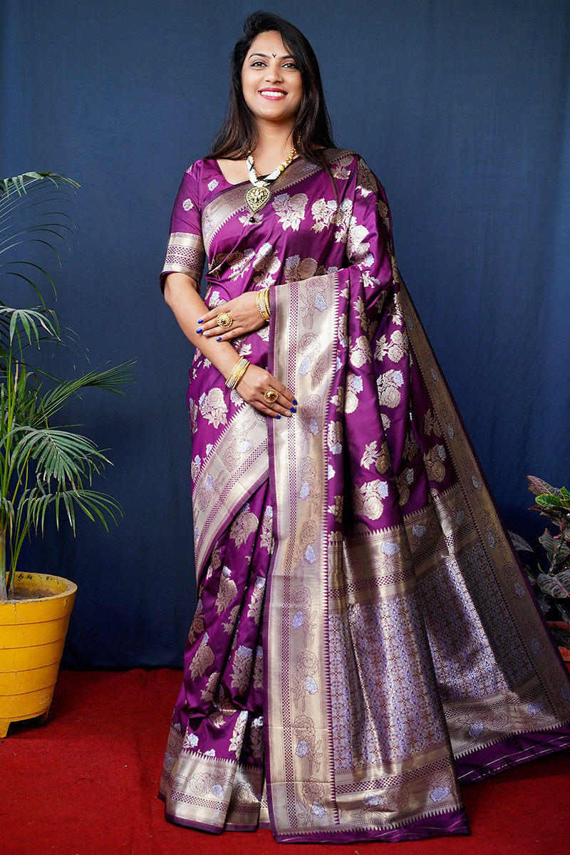 Monjolika Fashion Purple Woven Banarasi Silk Blend Saree With Blouse | Grocsy