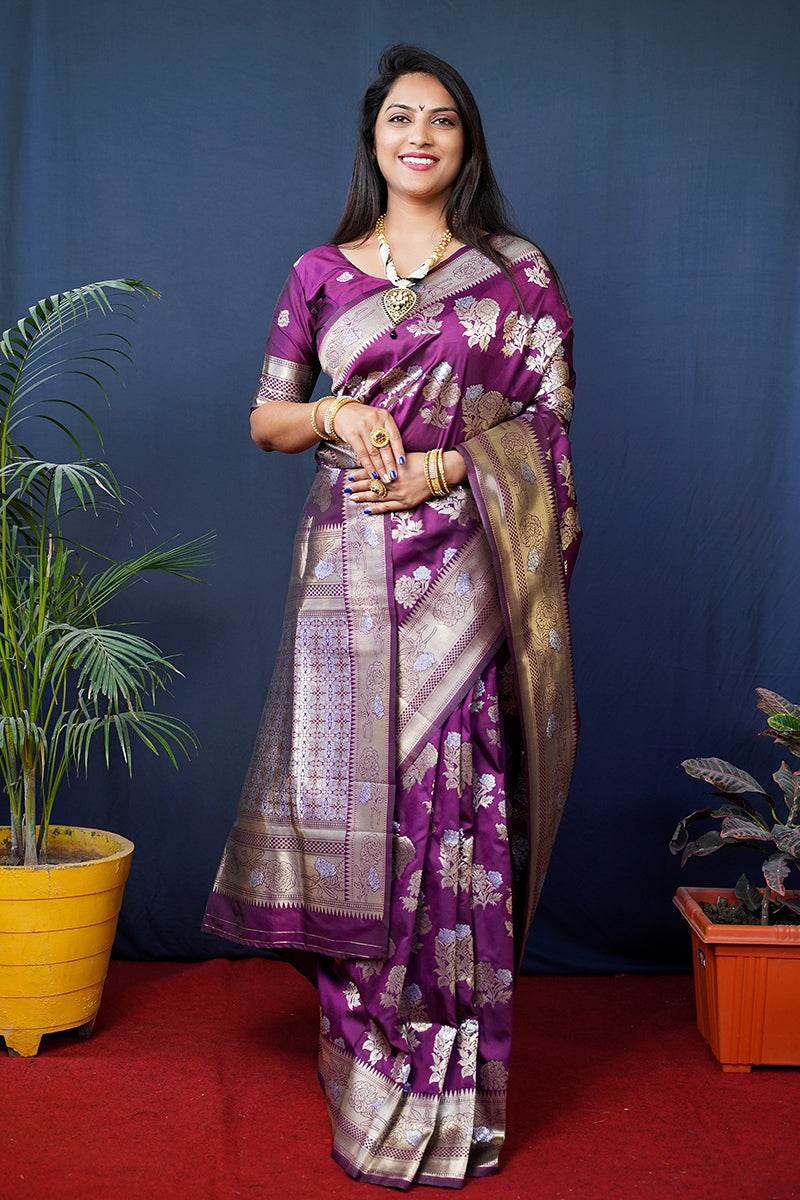 Monjolika Fashion Purple Woven Banarasi Silk Blend Saree With Blouse | Grocsy