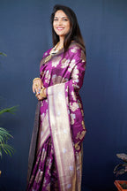 Monjolika Fashion Purple Woven Banarasi Silk Blend Saree With Blouse | Grocsy