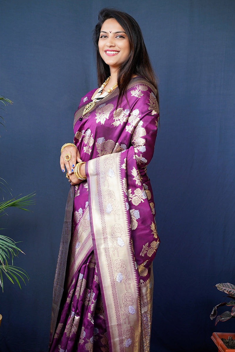 Monjolika Fashion Purple Woven Banarasi Silk Blend Saree With Blouse | Grocsy