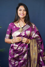 Monjolika Fashion Purple Woven Banarasi Silk Blend Saree With Blouse | Grocsy